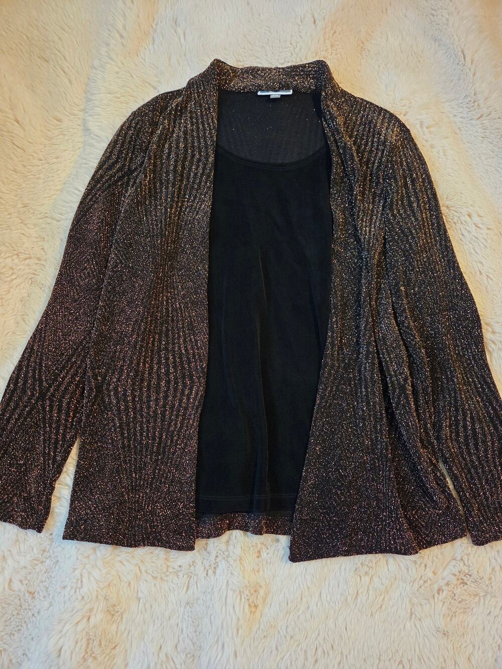JM Collection Pettie M Black and Gold Shimmer Long sleeved Layered Cardigan top